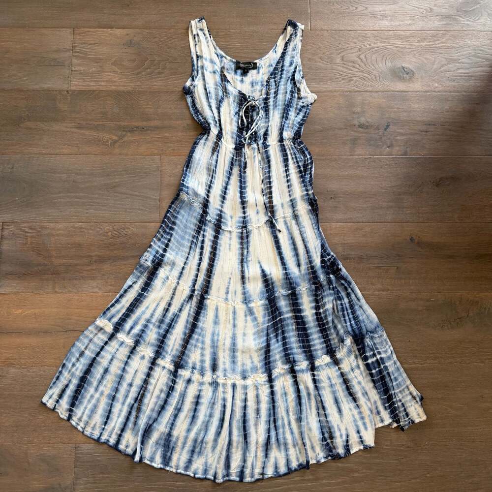 Whispers New York Boho Flowy Metallic Tiered Maxi Dress Size Small